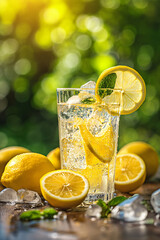 Cool lemonade with ice and lemons on a wooden table. Vertical template background for summer, menb, cafe and restaurant with place for text - obrazy, fototapety, plakaty