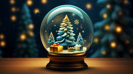 Fototapeta na wymiar a snow globe with a christmas tree on it sitting. Generative AI