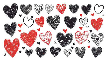Scribbles of hearts. A combination of red and black hearts with a variety of shading. Small and big hearts. A collection of symbols of love and sorrow. Heart doodles set. Hand drawn hearts collection.