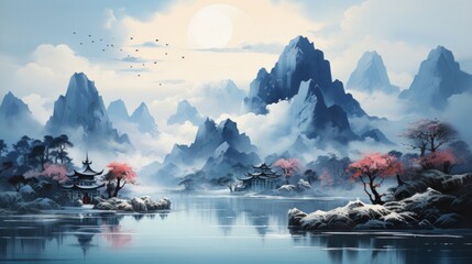 Asian mountain landscape. Neural network AI generated art - obrazy, fototapety, plakaty