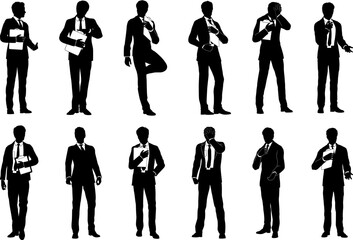 Silhouette business people set. Smartly dressed men in suits and ties, some with clipboards.