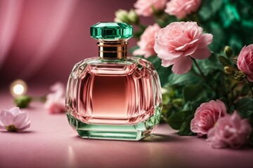 an elegent design bottle of perfume with flower