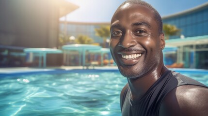 Selfie, Portrait of a happy smiling black man in the pool of the water park. Copy space. Summer, vacations, travel, recreation and entertainment concepts.