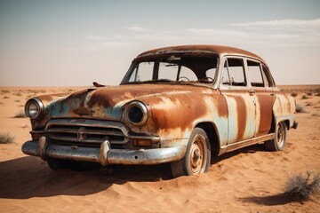 Fototapeta na wymiar old classic wreck of retro vintage car left rusty ruined and damaged abandoned in the Sahara desert and lost forgotten concepts as copyspace banner