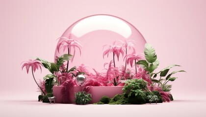 Tiny pink jungle in a glass globe, bright future nature, pink background.