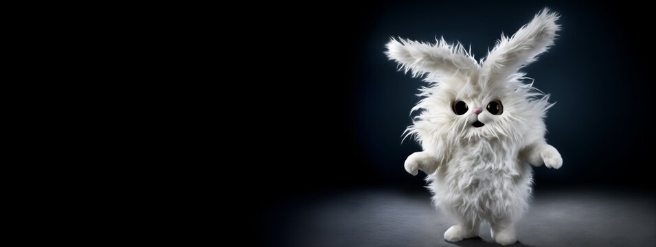 Horizontal banner with a funny cute diabolical bunny monster, lovely terrific nightmarish evil creature, awful scary white rabbit cuddle plush toy, wicked devilish mutant Dr Jekyll and Mr Hyde pet