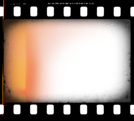 Artistic 35mm film strip template with transparent frame cell and background (PNG image) with dusts and scratches and film burn-in, light leak and vignetting for retro film simulation  (PNG image)