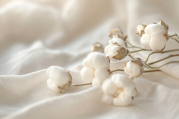 Fototapeta na wymiar Cotton plant on a soft fabric. Background image. Created with Generative AI technology