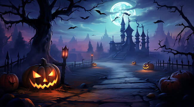 the cemetery with scary alloween pumpkins. Generative AI
