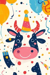 A sweet cow celebrates with a birthday hat.