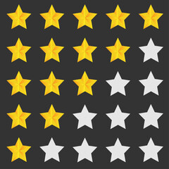 Fototapeta premium Set of ratings from one to five stars. Yellow rating stars on dark backgrounds. Feedback evaluation in vector