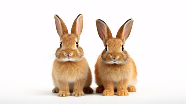 Two cute rabbits sitting on a white background. Isolated image.