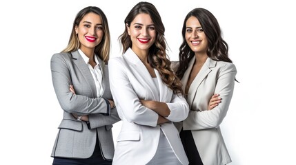 three beautiful business woman’s, standing, smiling proudly, looking in camera, isolated on white background,