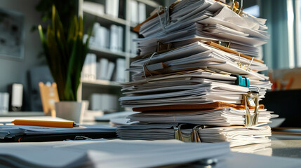 A large stack of documents against the background of a modern office. Annual reporting. There is a large stack of documents on the table, waiting to be completed. Blurred office background. 