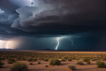 Dramatic view of heavy thunder storm coming over the desert
