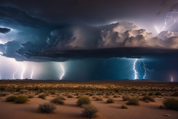 Dramatic view of heavy thunder storm coming over the desert