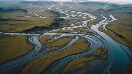 Aerial Photograph of a Glacial River Delta in Iceland with many meandering branches and veins.  generative, AI.