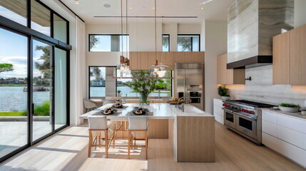 A modern waterfront home with a gourmet kitchen that inspires creativity and culinary exploration, incorporating natural materials and modern appliances - obrazy, fototapety, plakaty
