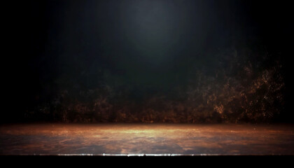 Copper dust in a room, black wall, single light