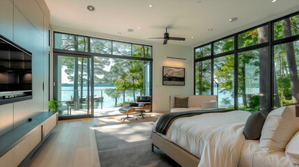 A modern waterfront home with a guest suite that exudes comfort and style, providing a welcoming retreat for visitors