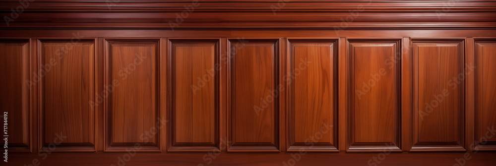 Wall mural Wood panelling. Woodworking wall surface structure design, glossy finish. corner beveled diagonal edge routed. hand shaped classy paneled forms. hand edited AI.
