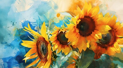 Sunflowers Against a Textured Backdrop. Vivid sunflowers against a colorful, abstract background. - obrazy, fototapety, plakaty