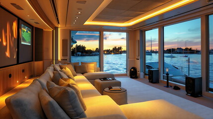 A contemporary waterfront house with a home theater that, with its wide windows and surround sound speakers, simulates being on a luxurious yacht - obrazy, fototapety, plakaty