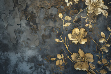 Golden flowers on a concrete surface. Background image. Created with Generative AI technology