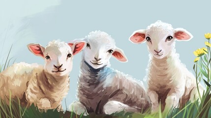 Easter-Themed Watercolor Sheep and Lambs. A watercolor painting of a sheep family with Easter eggs on grass. - obrazy, fototapety, plakaty