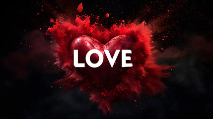 Exploding heart with the word LOVE on a black background. Happy valentine's day - abstract, romantic, background, banner (love, valentine, wedding)