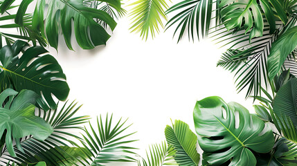 Fototapeta na wymiar Tropical leaves banner on white background with copy space, generative ai