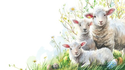 Easter-Themed Watercolor Sheep and Lambs. A watercolor painting of a sheep family with Easter eggs on grass.