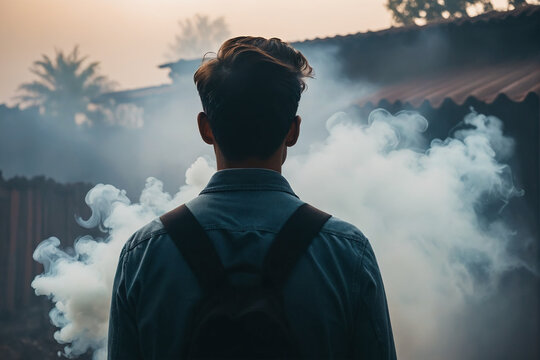 In the image, a person is surrounded by smoke and haze. The person appears to be facing away from the camera with their back towards it