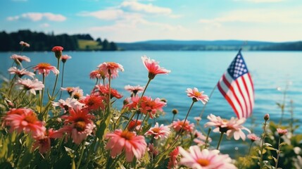 Beautiful American Flag and Floral Landscape by the Lake for a Stunning Vacation View.