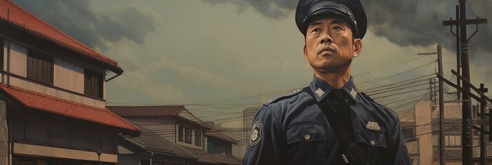 Japanese policeman in the city protecting the law. Banner - 717845548