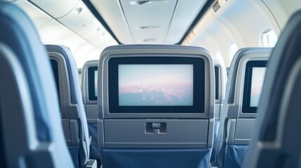 Closeup LCD monitor mounted in long distance bus seat shows airplane TV programming.