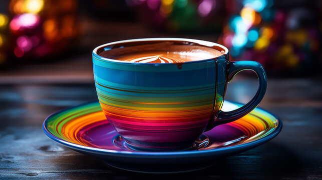 A colorful cup of coffee with rainbow stripes on it