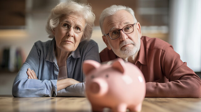Rentnerpaar mit Sparschwein schaut mal glücklich und mal traurig da Finanzplanung sehr emotional ist und Ersparnisse im Alter nicht ausreichen Generative AI