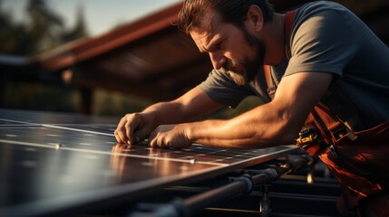 Handsome bearded man worker working on the solar panel rooftop.