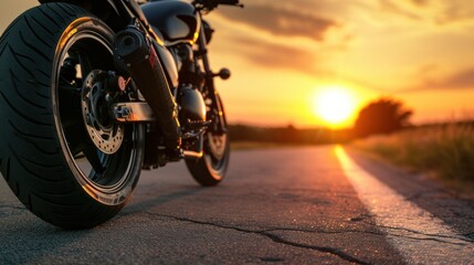 A motorcycle parking on the road right side and sunset, select focusing background - Powered by Adobe