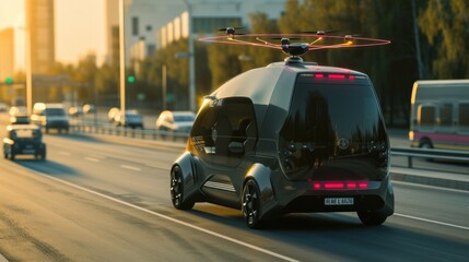 Aerial Drone Following Futuristic 3D Concept Car. Autonomous Self Driving Van Moving Through City Highway. Visualized AI Sensors Scanning Road Ahead for Speed Limits, Vehicles, Pedestrians. Back View - obrazy, fototapety, plakaty