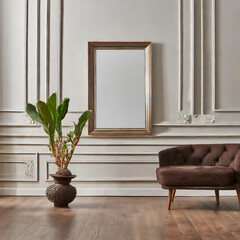 White classic wall background, brown parquet floor, home furniture detail. Generative AI.