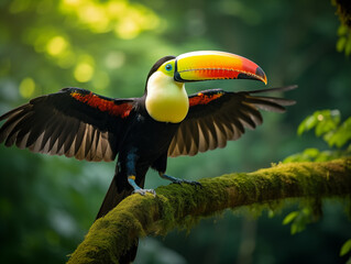 Hornbill in the forest, spreading its wings.