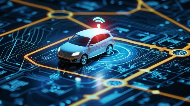 Automobile with gps tracking pulsing signal. A vehicle transmitting gps signal. Searching car location with gps tracker