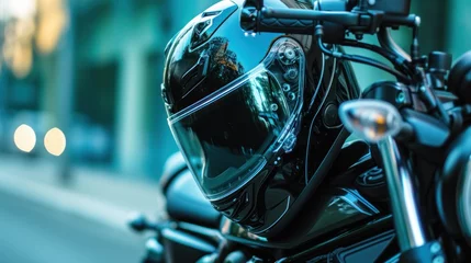 Crédence de cuisine en verre imprimé Moto Black motorcycle helmet hanging on the handlebars of the motorcycle