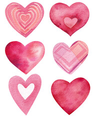 Valentine Day hearts watercolor illustrations, red, pink, celebration invitation, decoration