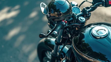 Cercles muraux Moto Black motorcycle helmet hanging on the handlebars of the motorcycle