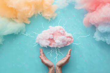 Hand Holding Fluffy Cloud with Lightning on Pastel Sky