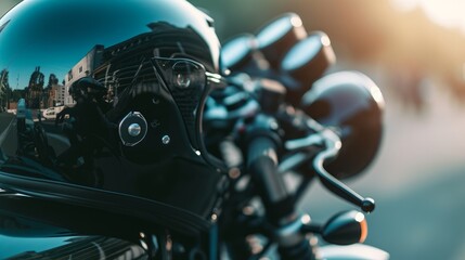 Black motorcycle helmet hanging on the handlebars of the motorcycle