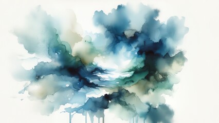 Watercolor painting of a blue and green abstract cloud formation. The cloud is made up of different shades of blue and green and looks as though it is made of smoke or fog.